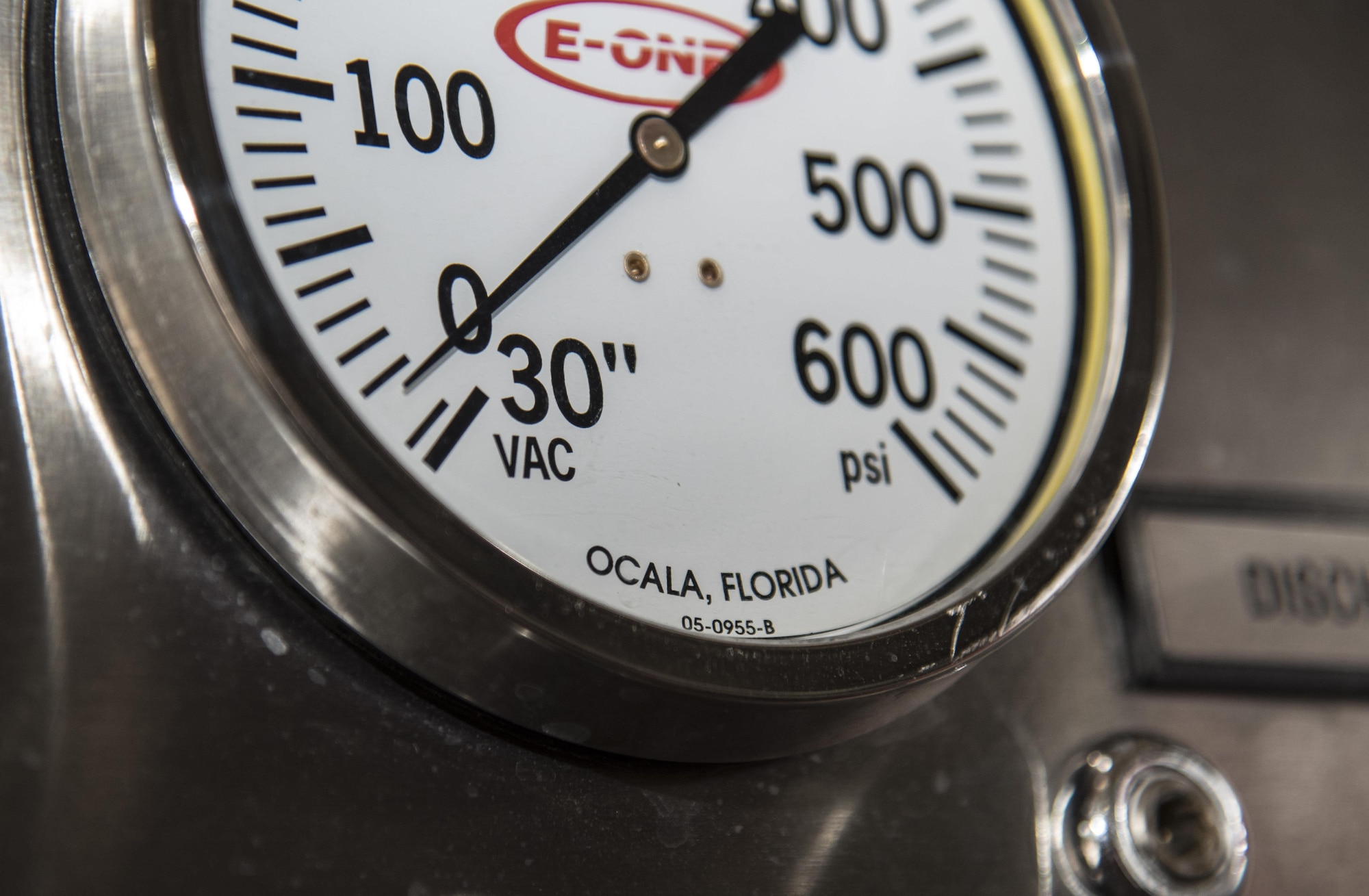 An E-One firetruck displays a pressure gauge at Misawa Air Base, Japan, Sept. 27, 2016. The gauge, manufactured on Ocala, Florida, measures water pressure being pumped out. Ocala city is home to U.S. Air Force Staff Sgt. Cody Williams, the logistics NCO in charge with the 35th Civil Engineer Squadron, and Florida State Fire College as well as E-One, a firetruck producing company, which produces 365 fire trucks within a year. (U.S. Air Force photo by Airman 1st Class Sadie Colbert)