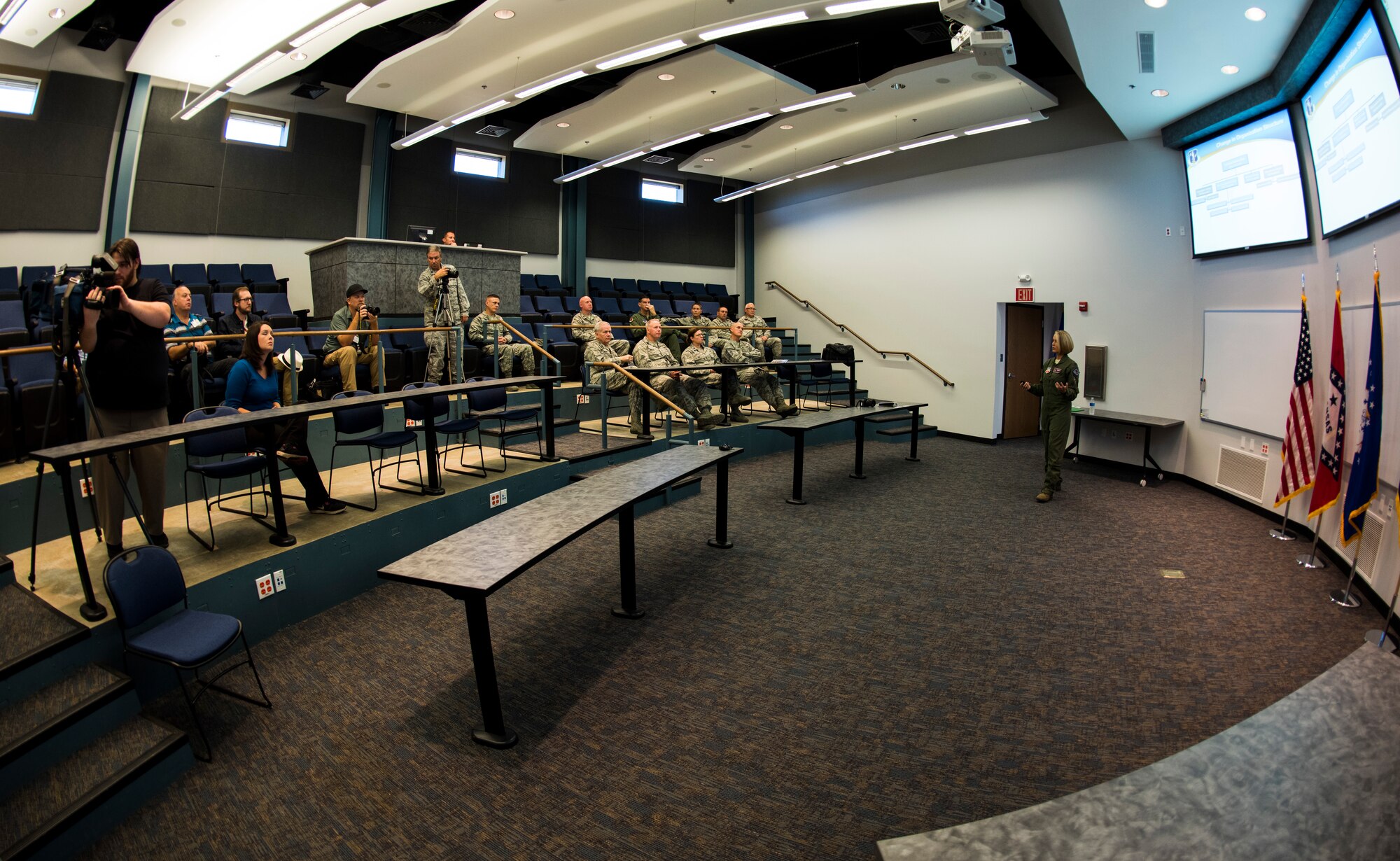 Col. Bobbi Doorenbos, 188th Wing commander, announces the activation of the wing’s remotely piloted aircraft, intelligence analysis and targeting missions to members of the local media, Sept. 29, 2016, at Ebbing Air National Guard Base, Fort Smith, Ark. In addition to the wing being operational, Doorenbos emphasized that it is also unique with its one-of-a-kind combined operations and first-of-its-kind space focused targeting mission and is now looking to hire over 100 new Airmen across the organization. (U.S. Air National Guard photo by Senior Airman Cody Martin)