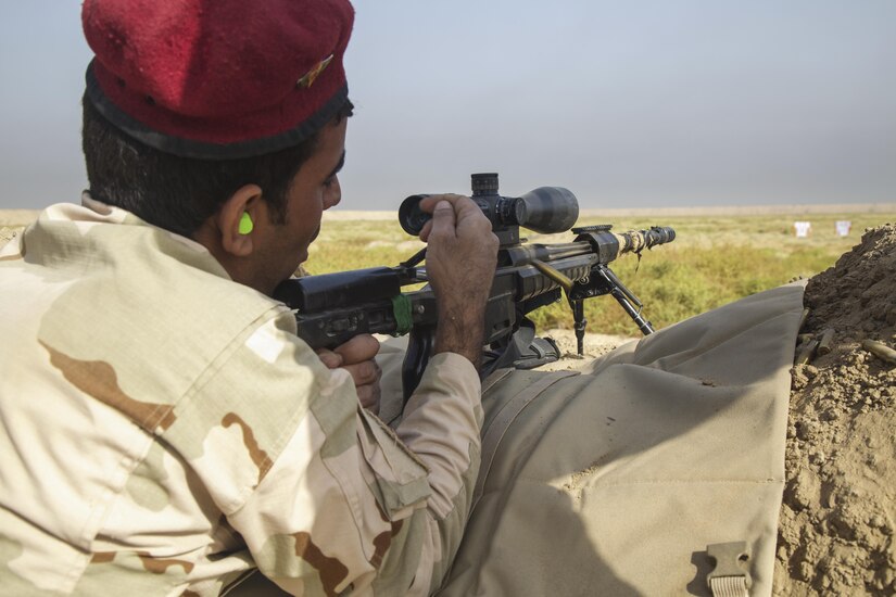 An Iraqi soldier assigned to the 76th Iraqi Army Brigade fires a sniper rifle during a live-fire range at Camp Taji, Iraq, Sept. 26, 2016. The range gave the Iraqi soldiers a chance to become more proficient with their weapons. This training is critical to enabling the Iraqi security forces to counter the Islamic State of Iraq and the Levant as they work to regain territory from the terrorist group.