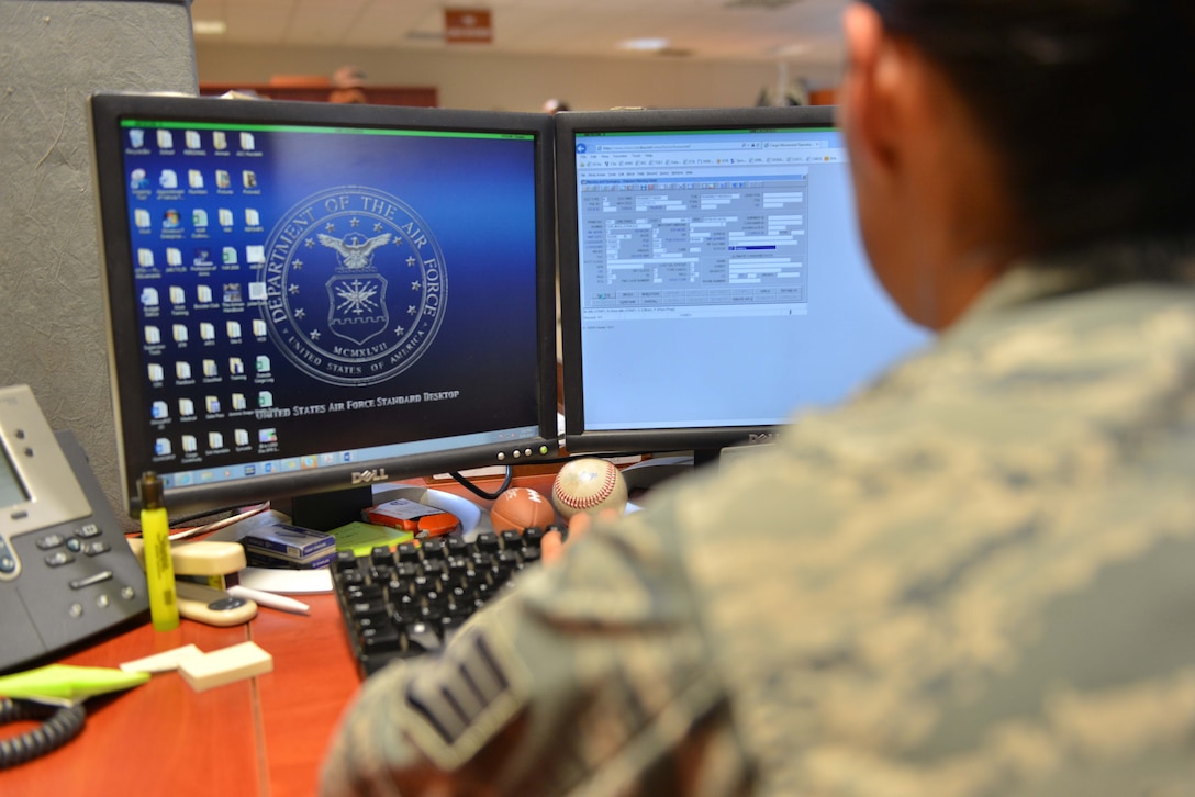 U.S. Air Force Staff Sgt. Amanda Olmos, 39th Logistics Readiness Squadron outbound cargo noncommissioned officer in charge, logs data into the cargo movement operations system Sept. 29, 2016, at Incirlik Air Base, Turkey. All package data is archived for tracking and continuity. (U.S. Air Force photo by Senior Airman John Nieves Camacho)