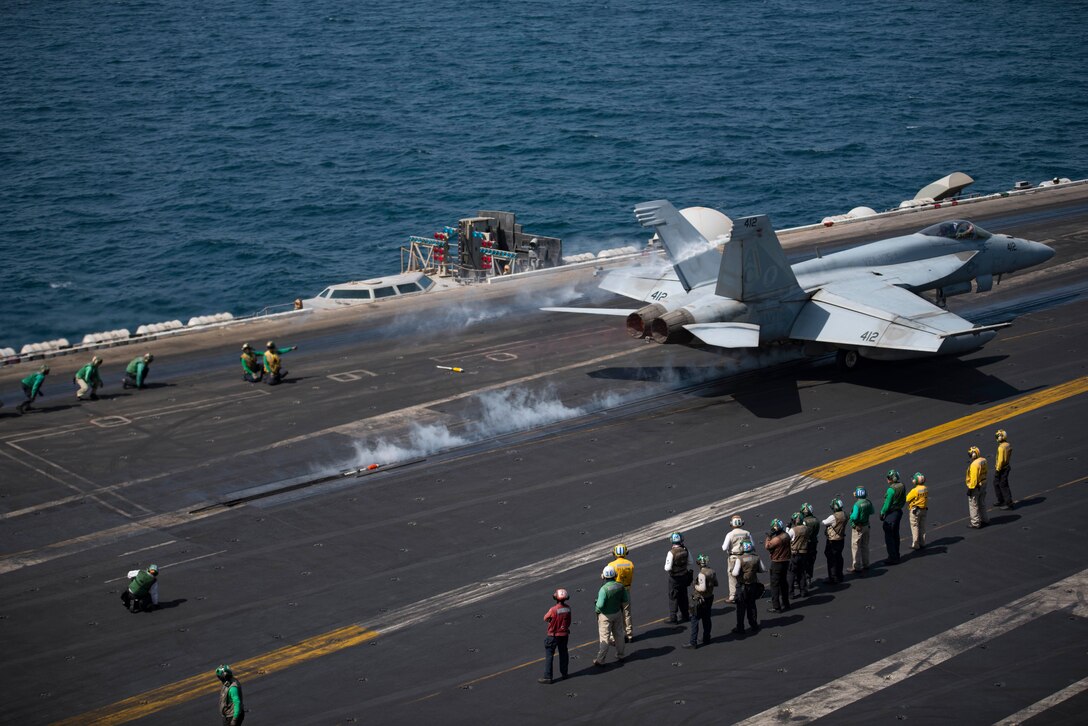 161005-N-IE397-0636

ARABIAN GULF (Oct. 5, 2016) An F/A-18E Super Hornet assigned to the Gunslingers of Strike Fighter Squadron (VFA) 105 launches off of the flight deck of the aircraft carrier USS Dwight D. Eisenhower (CVN 69) (Ike). Ike and its Carrier Strike Group are deployed in support of Operation Inherent Resolve, maritime security operations and theater security cooperation efforts in the U.S. 5th Fleet area of operations. (U.S. Navy photo by Seaman Christopher A. Michaels)