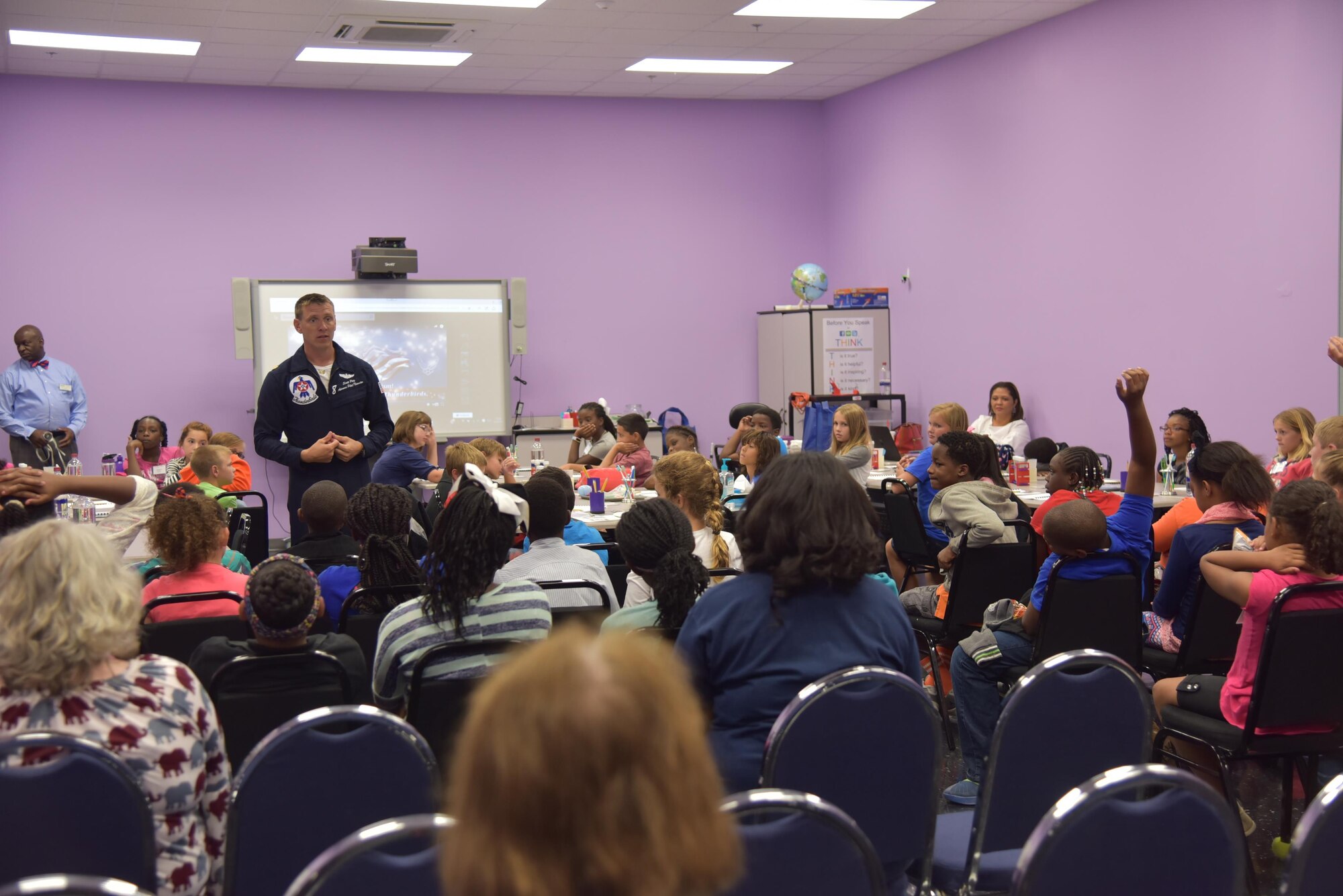 Maj. Scott Pitts, U.S. Air Force Thunderbirds No. 8 Pilot,  talks to Northside Elementary School 5th graders at Starbase Robins Sept. 29, 2016. (U.S. Air Force photo by Ray Crayton)


