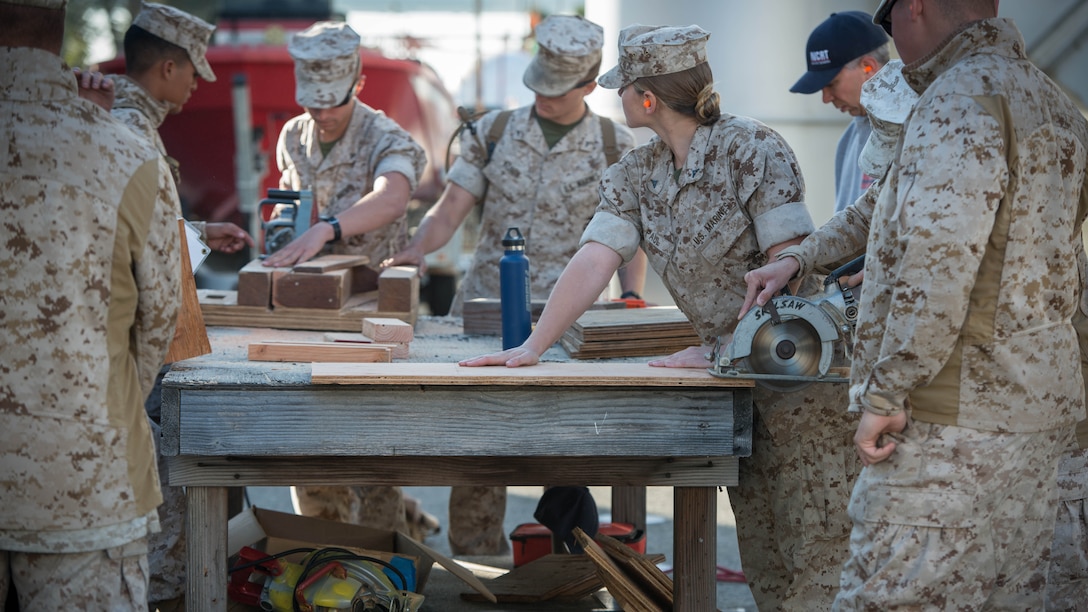 Marines from I Marine Expeditionary Force joined firefighters from the San Francisco area to learn about urban search and rescue techniques Oct. 5, 2016 at building 600 on Treasure Island. The service members learned how to cut through concrete and metal bars, reinforce structures, and move 3-5,000 pounds of concrete with wooden sticks.