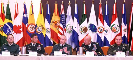 Gen. Alberto Jose Mejia, Colombian National army commander addresses members of the Conference of the American Armies during a specialized conference that took place in Bogota, Colombia Sept. 19-23. The purpose of the conference is to address various concerns that effect multiple countries from both North and South America. The conference is made up of more than 20 members, will other countries attending as observers. 