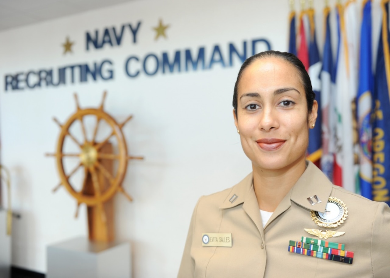 Navy Lt. Evita Salles, director of reserve officer accessions for the Navy Recruiting Command, poses for a photo at the command’s headquarters in Millington, Tenn., Sept. 21, 2016. Salles was named the winner of the Salute to Active Duty Servicewomen Award by the American Legion Auxiliary at the group's national convention in Cincinnati, Aug. 30, 2016. Navy photo by Petty Officer 3nd Class Brandon Martin