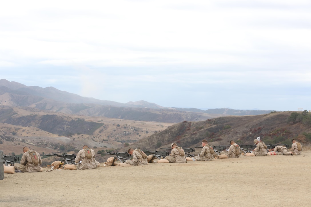 Marines with Company A, Infantry Training Battalion, School of Infantry-West (SOI-W), prepare to fire the M2A1 .50 caliber heavy machine gun as part of their basic infantry training Sept. 20, 2016, at Marine Corps Base Camp Pendleton, Calif. The M2A1 is new to the Marine Corps and has set headspace and timing which is an upgrade from the older M1A1 which requires manual adjustments. SOI-West trains riflemen, infantrymen and assault amphibian crewman in MOS skills across the infantry training continuum. (Offical Marine Corps photo by Lance Cpl. Joseph A. Prado/released)