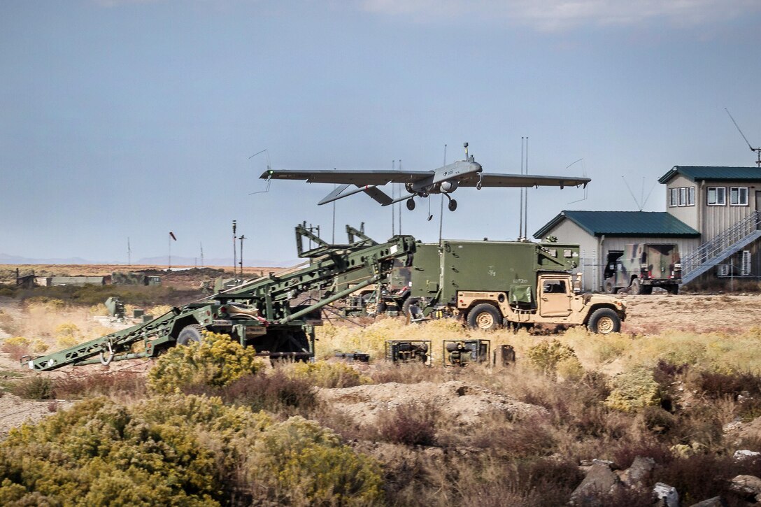 Soldiers launch a shadow unmanned aerial system during training at Orchard Combat Training Center, Idaho, Oct. 2, 2016. Army photo by Capt. Brian Harris