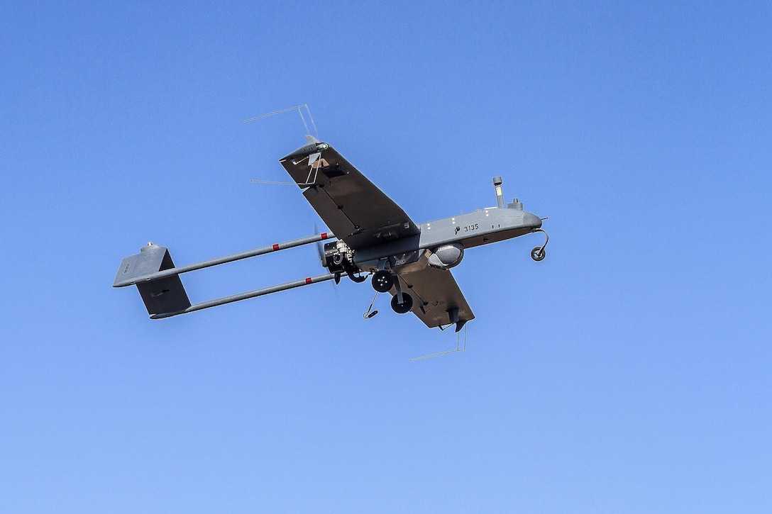 A launched shadow unmanned aerial system gains altitude during training at Orchard Combat Training Center, Idaho, Oct. 2, 2016. Army photo by Capt. Brian Harris 