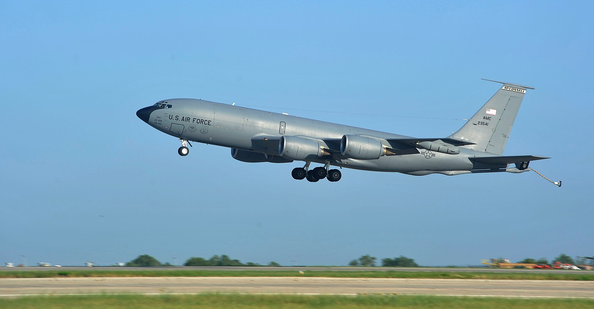 A KC-135 Stratotanker takes off, July 19, 2016 from McConnell Air Force Base, Kan. The KC-135 extends the Air Force’s global reach by providing aerial refueling support to Air Force, Navy, Marine Corps and allied nation aircraft. The tanker partakes in a wide-range of missions to include supporting the war on terror, routine training missions and the war on drugs. (U.S. Air Force photo/Airman Erin McClellan)