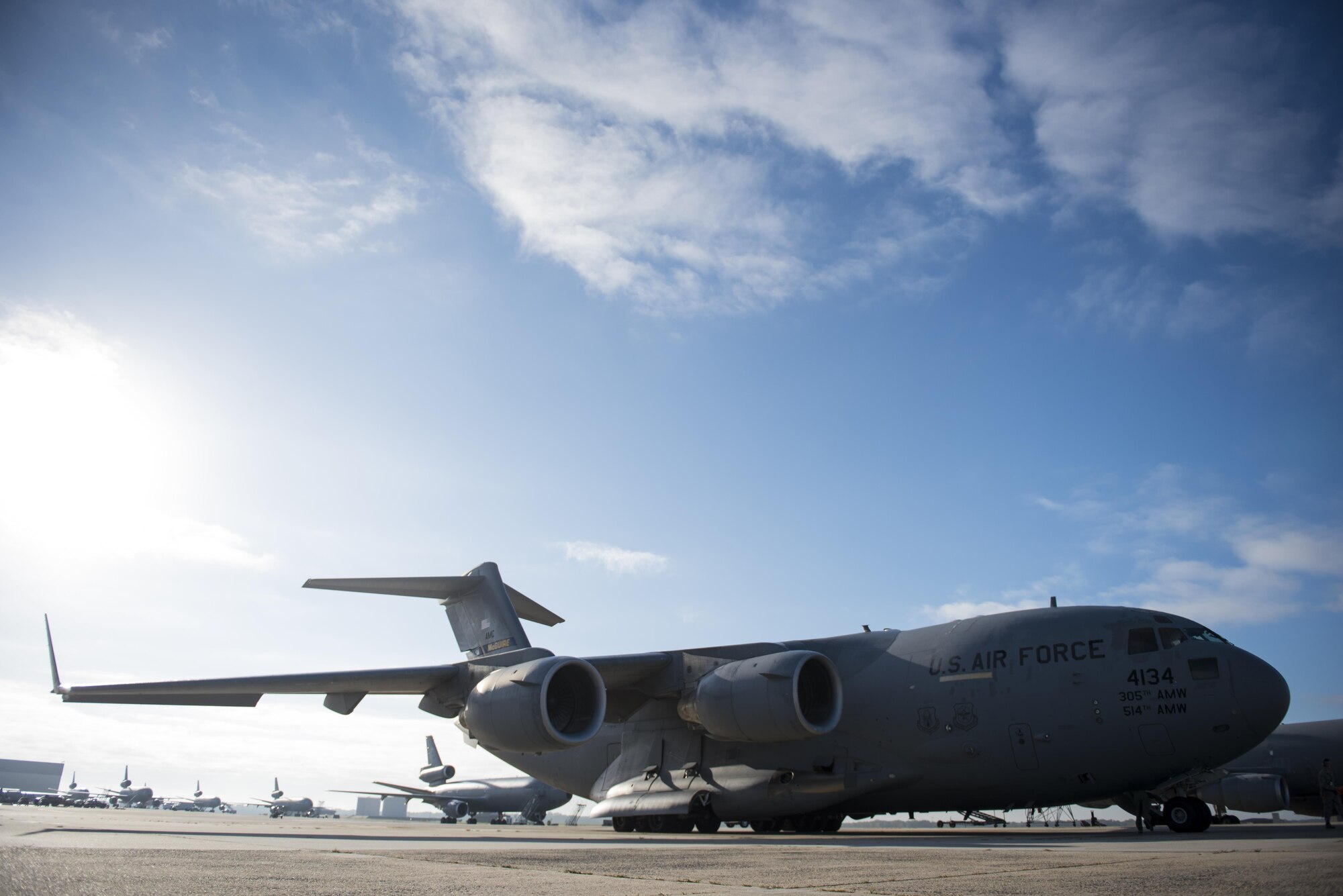 A C-17 Globemaster III from the 305th Air Mobility Wing prepares for take-off at Joint Base McGuire-Dix-Lakehurst, N.J., Oct. 6, 2016. The 305 AMW provided airlift to more than 30 Airmen from the 621st Contingency Response Wing from MDL to Port Au Prince International Airport, Haiti, in response to Hurricane Matthew.