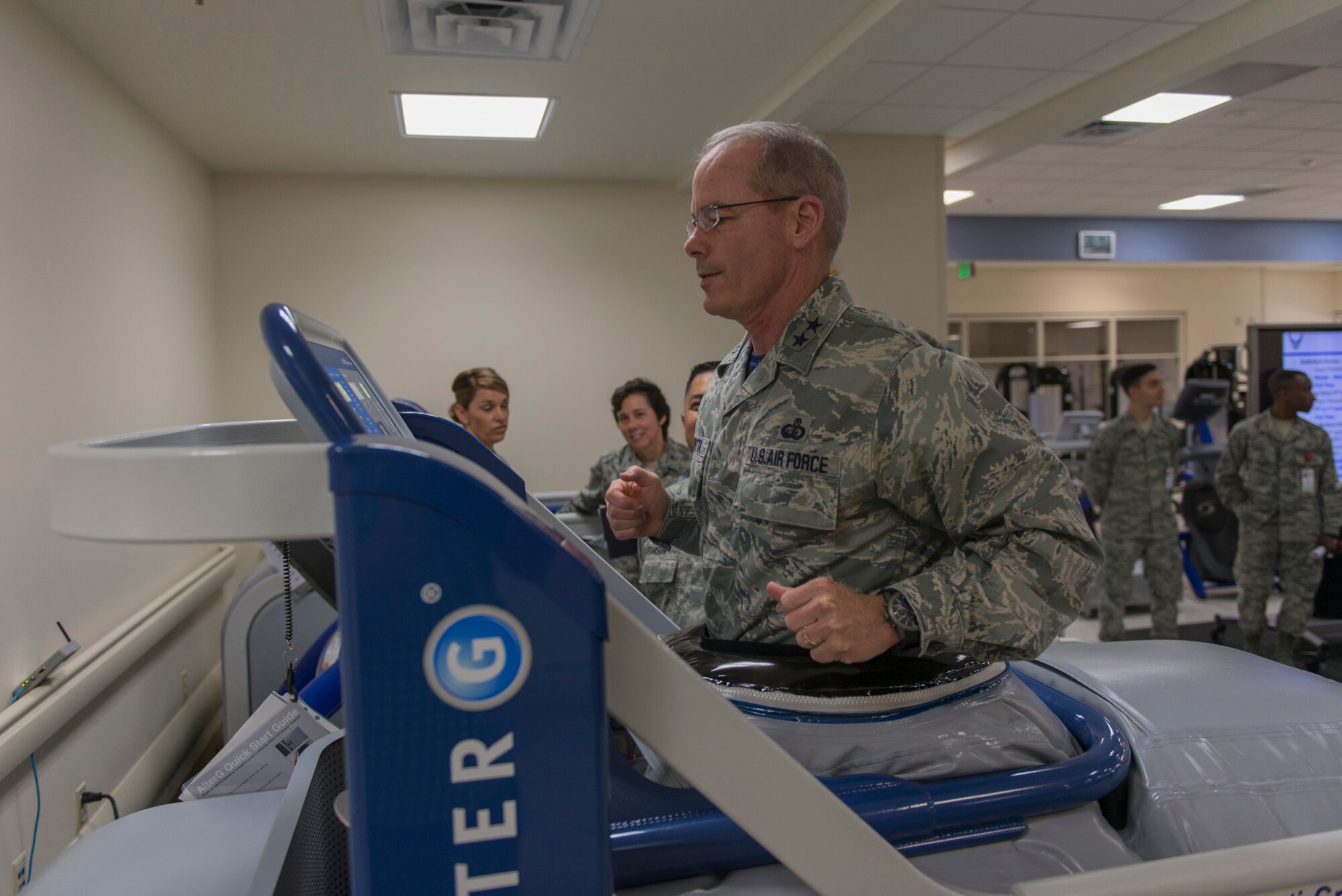 Maj. Gen. Robert LaBrutta, 2nd Air Force commander, tests the Anti-Gravity Treadmill inside the Keesler Medical Center physical therapy department during an immersion tour Sept. 22, 2016, on Keesler Air Force Base, Miss. The tour allowed LaBrutta to become familiar with the 81st Training Wing mission, operations and personnel. (U.S. Air Force photo by Andre Askew/Released)