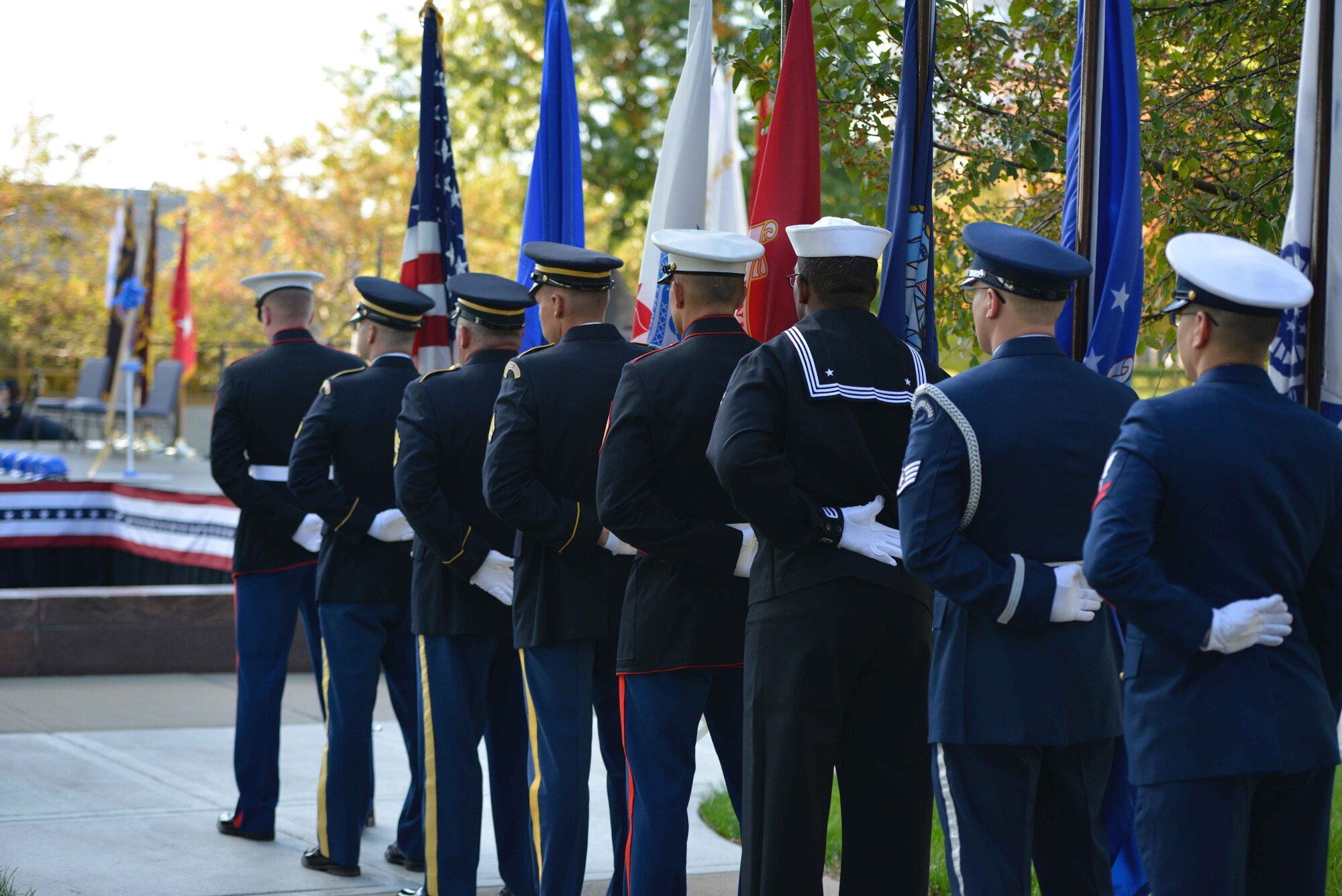 A joint service color guard prepares to present the colors at the Minnesota Medal of Honor Memorial groundbreaking ceremony Oct. 3.