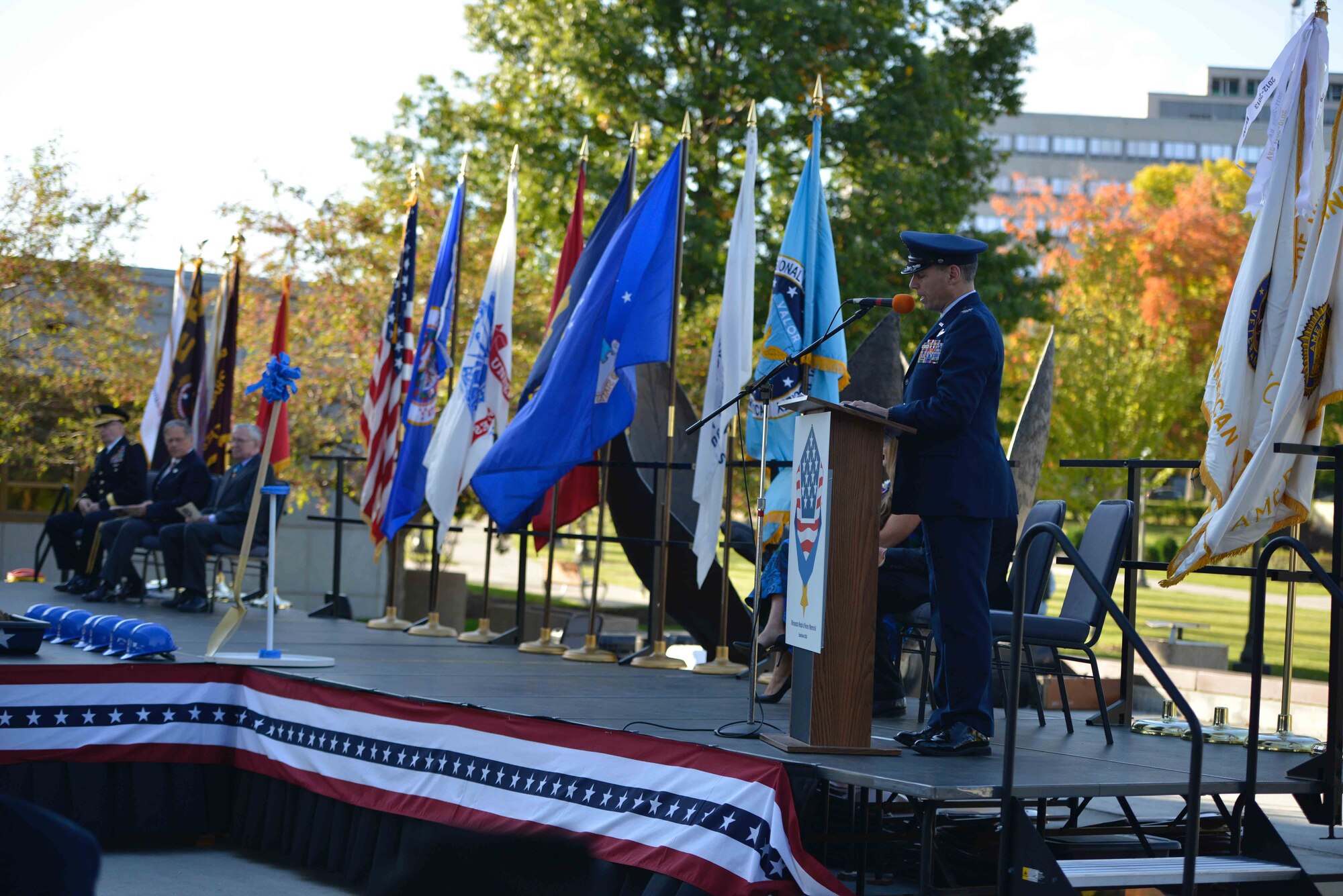 Col. Anthony G. Polashek, 934th Airlift Wing commander, serves as narrator at the Minnesota Medal of Honor Memorial groundbreaking ceremony Oct. 3.