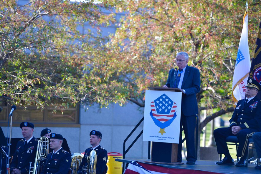 Medal of Honor recipient Thomas Kelley speaks at the Minnesota Medal of Honor Memorial groundbreaking ceremony Oct. 3.