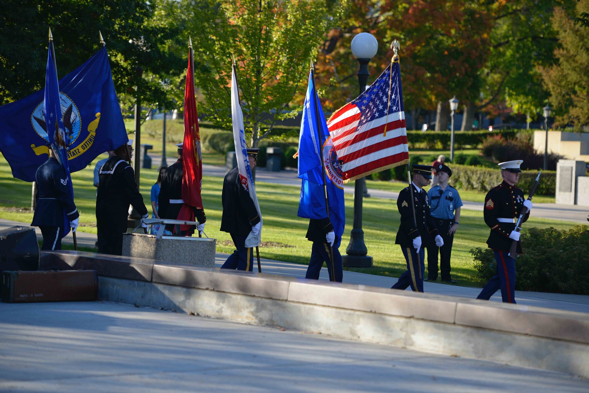 A joint service color guard retires the colors following the ceremony at the Minnesota Medal of Honor Memorial groundbreaking ceremony Oct. 3.