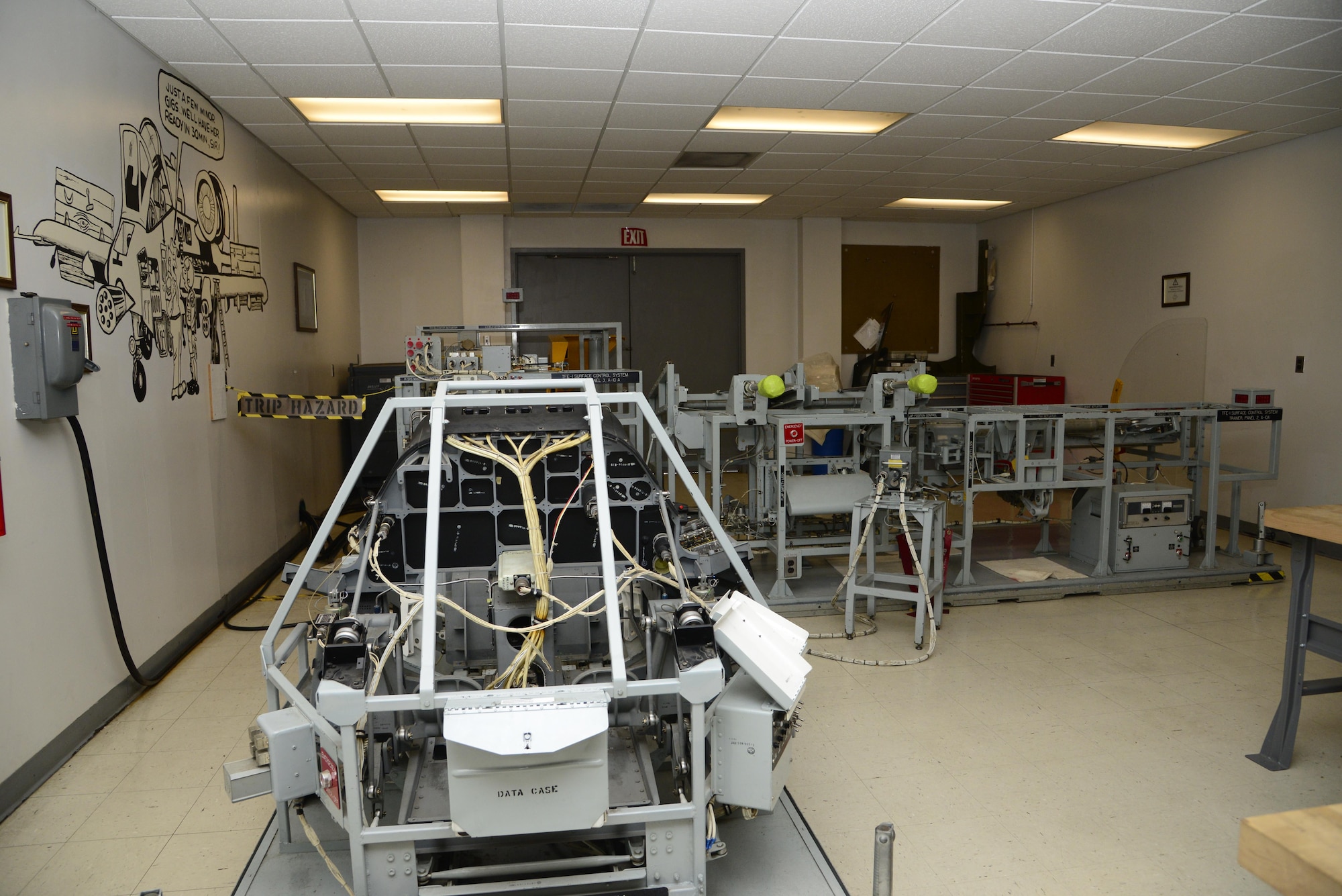 The skeleton of an A-10 Thunderbolt II's cockpit rests in the 372nd Training Squadron, Detachment 11 at Davis-Monthan Air Force Base, Ariz., Sept. 27, 2016. The stripped model allows students to become more familiar with the aircraft in order to become further effective at diagnosing mechanical problems. (U.S. Air Force photo by Senior Airman Betty R. Chevalier)