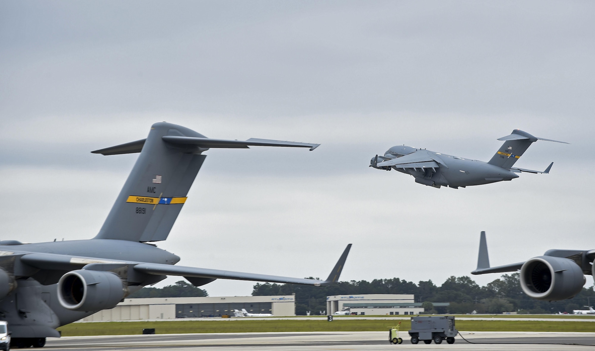 Joint Base Charleston C-17 Globemaster IIIs evacuate to Fort Campbell, KY on Oct. 6, 2016 to continue their mission of rapid global mobility during Hurricane Matthew. Due to Hurricane Matthew, a Limited Evacuation Order of South Carolina Hurricane Evacuation Zones was issued by the Commander, Joint Base Charleston. All Joint Base personnel are expected to evacuate the area and will return once damage is assessed and it’s safe to return. (U.S. Air Force photo by Senior Airman Nicholas Byers)
