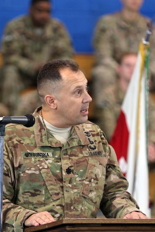 U.S. Army Central Headquarters and Headquarters (Forward) battalion commander, Lt. Col. James L. Dobrinska II, expresses his gratitude for the work Third Army Augmentation Company has completed during an inactivation ceremony for the unit at Camp Arifjan, Kuwait, Sept. 28, 2016. (U.S. Army photo by Sgt. Brandon Hubbard, USARCENT Public Affairs)