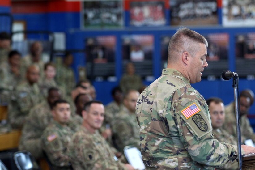 The Third Army Augmentation Company reviewing officer, Col. Douglas A. Cherry, commends the company during an inactivation ceremony for its more than a quarter century of work at Camp Arifjan, Kuwait, September 28, 2016. The U.S. Army Central unit was notified of inactivation October 2015 as part of the realignment of all augmentation units under the U.S. Army Reserve. (U.S. Army photo by Sgt. Brandon Hubbard, USARCENT Public Affairs)