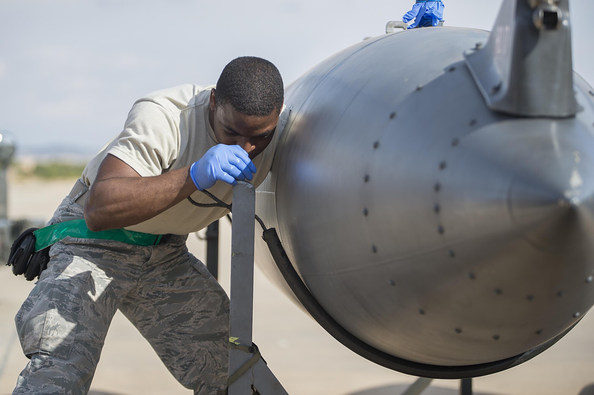 U.S. Air Force Senior Airman Casey Jackson, 48th Component Maintenance Squadron fuels systems journeyman, repairs a fuel tank during Tactical Leadership Programme 16-3 at Los Llanos Air Base, Spain, Sept. 26.  Training programs like TLP showcase how the U.S. works side-by-side with NATO Allies and partners every day, training to meet future security challenges as a unified force. (U.S. Air Force photo/ Staff Sgt. Emerson Nuñez)