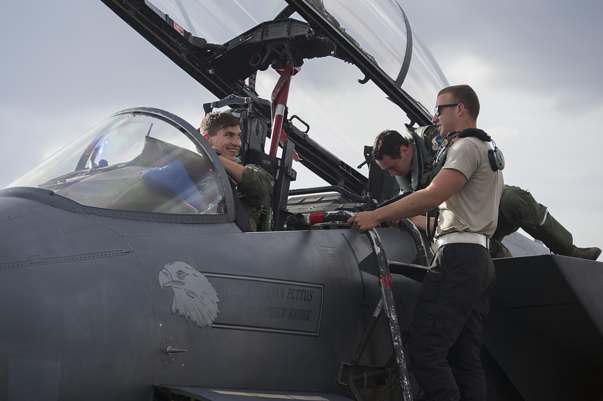 U.S. Air Force Airman 1st Class Zack Suttles, 48th Aircraft Maintenance Squadron dedicated crew chief, greets his aircrew after a sortie in support of Tactical Leadership Programme 16-3 at Los Llanos Air Base, Spain, Sept. 26. Training programs like TLP showcase how the U.S. works side-by-side with NATO Allies and partners every day, training to meet future security challenges as a unified force. (U.S. Air Force photo/ Staff Sgt. Emerson Nuñez)