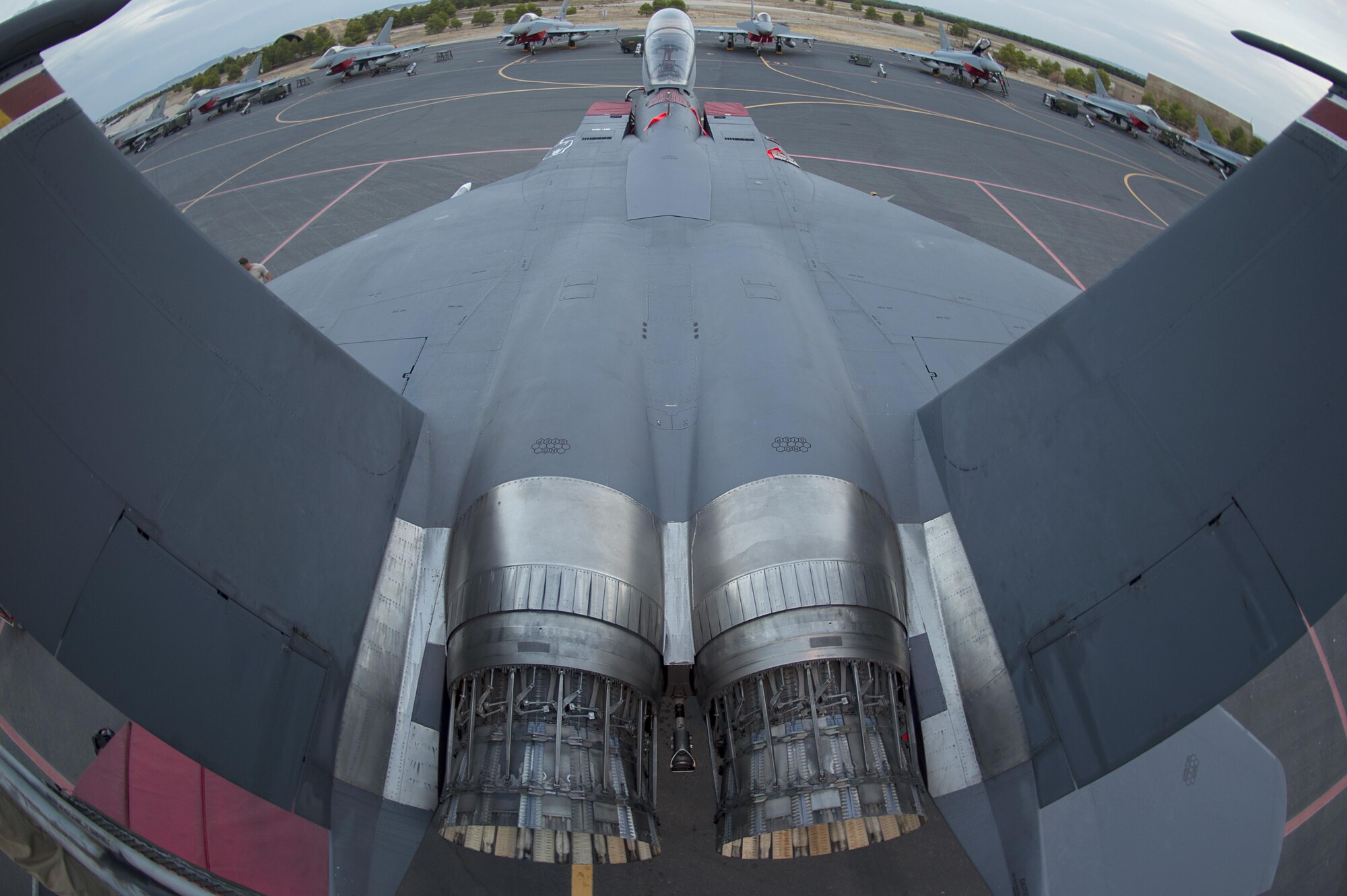 An F-15E Strike Eagle, assigned to the 494th Fighter Squadron from Royal Air Force Lakenheath, England, sits on the flightline in support of Tactical Leadership Programme 16-3 at Los Llanos Air Base, Spain, Sept. 26. The training prepares NATO and allied forces’ flight leaders to be mission commanders, lead coalition force air strike packages, and provide tactical air expertise to NATO agencies. (U.S. Air Force photo/ Staff Sgt. Emerson Nuñez)