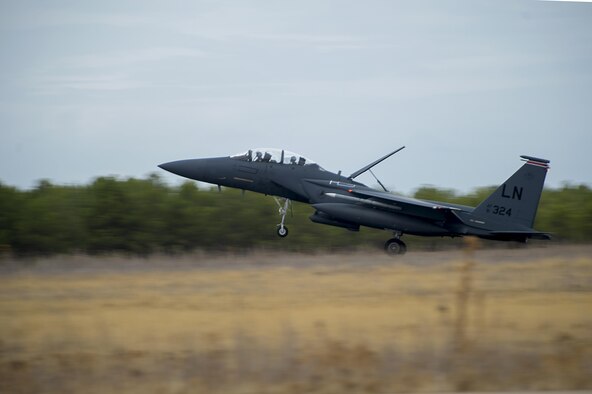 An F-15E Strike Eagle assigned to the 494th Fighter Squadron from Royal Air Force Lakenheath, England, lands after a sortie in support of Tactical Leadership Programme 16-3 at Los Llanos Air Base, Spain, Sept. 26. The training prepares NATO and allied forces’ flight leaders to serve as mission commanders, lead coalition force air strike packages, and provide tactical air expertise to NATO agencies. (U.S. Air Force photo/ Staff Sgt. Emerson Nuñez)