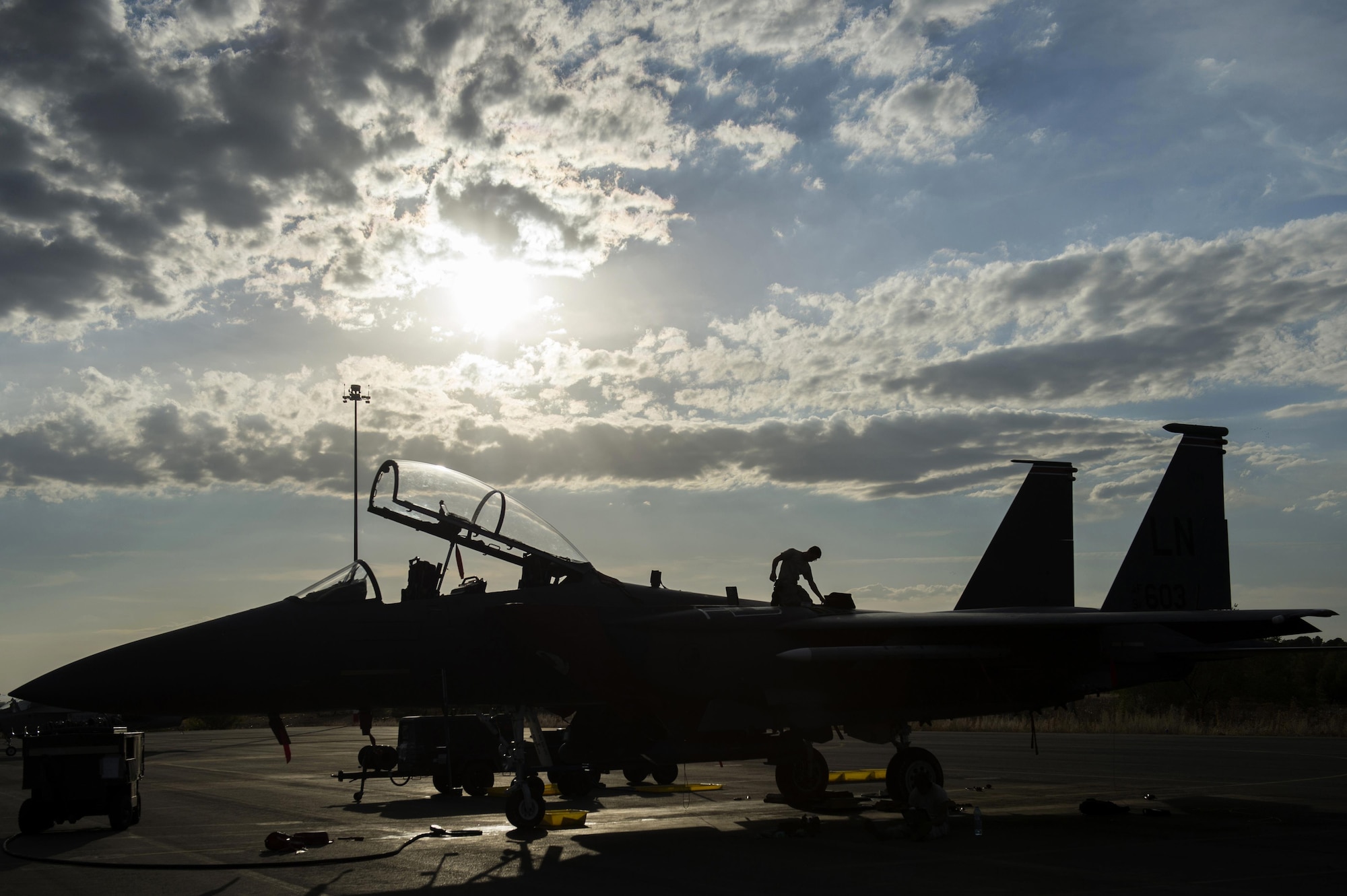 U.S. Air Force Airman 1st Class James Metcalfe, 48th Aircraft Maintenance Squadron dedicated crew chief, inspects an F-15E Strike Eagle after a sortie in support of Tactical Leadership Programme 16-3 at Los Llanos Air Base, Spain, Sept. 22. Training programs like TLP showcase how the U.S. works side-by-side with NATO allies and partners every day, training to meet future security challenges as a unified force. (U.S. Air Force photo/ Staff Sgt. Emerson Nuñez)