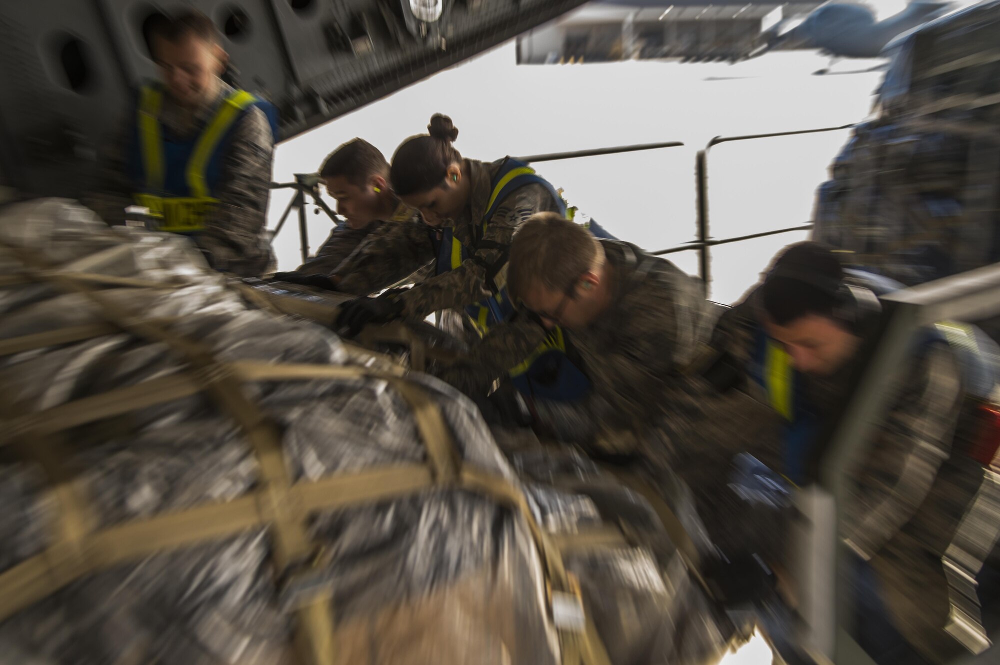 A pallet of equipment is loaded onto a C-17 Globemaster III at Joint Base McGuire-Dix-Lakehurst, N.J., for a 621st Contingency Response Wing deployment mission to Port-au-Prince, Haiti, October 6, 2016. This mission will mark the first time the Joint Task Force-Port Opening will consist of three entities; the 621st CRW, U.S. Army's 689th Rapid Port Opening Element, and the Defense Logistics Agency.(U.S. Air Force photo by Tech. Sgt. Gustavo Gonzalez/Released)