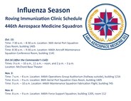 The 446th Aerospace Medicine Squadron will be providing roving immunization clinic services during Unit Training Assemblies starting in October. This graphic details the roving clinic schedule. 