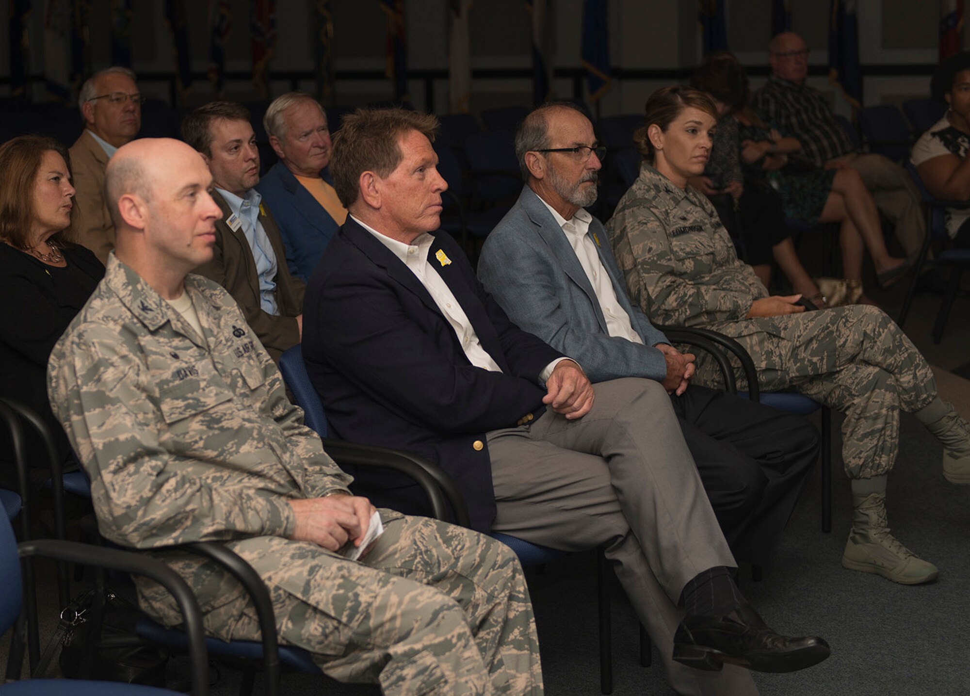Honorary commanders and 81st Training Wing leadership listen to an 81st Medical Group mission brief at the Keesler Medical Center’s Don Wylie Auditorium Sept. 29, 2016, on Keesler Air Force Base, Miss. The honorary commanders, who are local civilian civic and business leaders, toured the physical therapy clinic, emergency room and intensive care unit to learn more about the capabilities and mission of the 81st MDG. (U.S. Air Force photo by Andre’ Askew/Released)