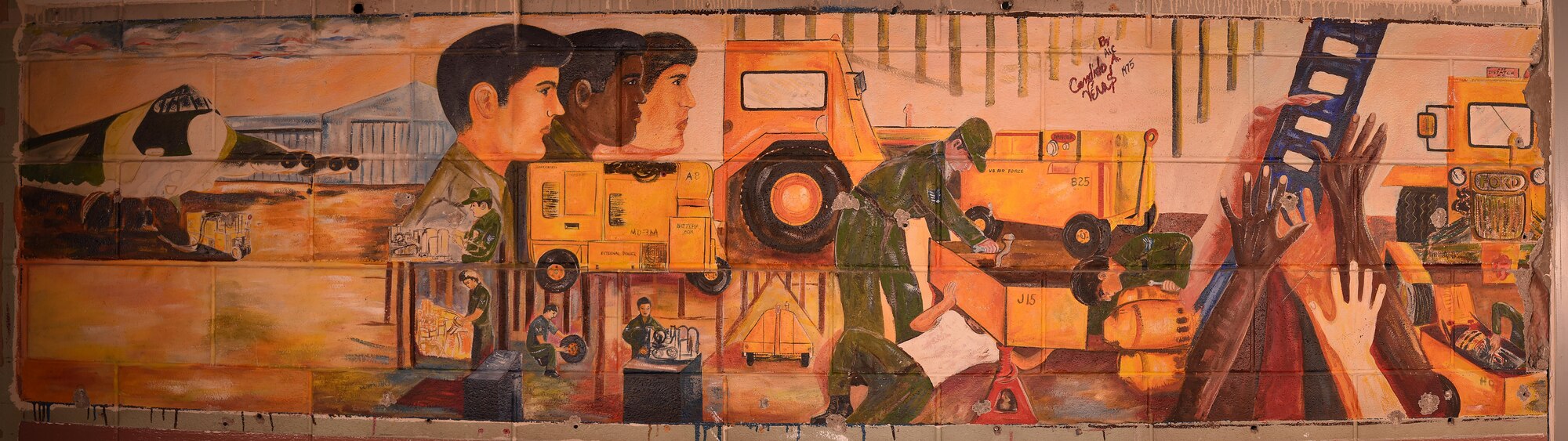 This mural was uncovered on Grand Forks Air Force Base N.D., Oct. 4, 2016. It was painted in 1975 by Airman 1st Class Candido A. Veras. (U.S. Air Force photo illustration by Airman 1st Class Elijaih Tiggs) (This image was manipulated using photomerge techniques in Adobe Photoshop.)