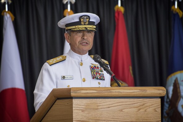 Adm. Harry B. Harris, U.S. Pacific Command commander, gives remarks during the United States Forces, Japan and 5th Air Force assumption of command ceremony at Yokota Air Base, Japan, Oct. 6, 2016. (U.S. Air Force photo by Yasuo Osakabe/Released)