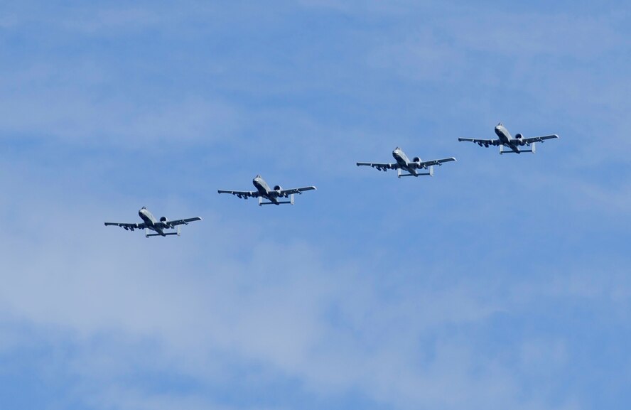 U.S. Air Force A-10C Thunderbolt IIs from Moody Air Force Base, Ga., fly over the flightline at Tyndall Air Force Base, Fla., Oct. 6, 2016. Approximately 30 aircraft were ordered to evacuate after officials at the 23rd Wing assessed the threat of Hurricane Matthew. (U.S. Air Force photo by Senior Airman Solomon Cook/Released)