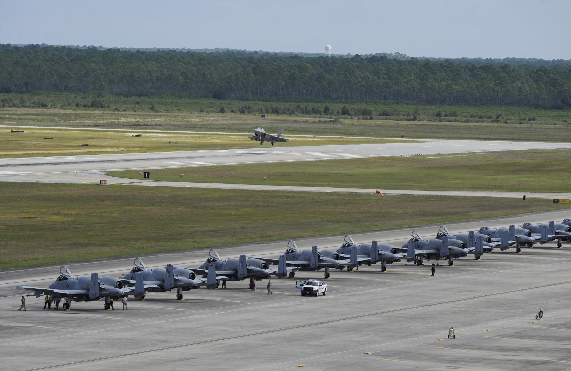 U.S. Air Force A-10C Thunderbolt IIs from Moody Air Force Base, Ga., sit on the flightline at Tyndall Air Force Base, Fla., Oct. 6, 2016. Thirty aircraft evacuated from Moody AFB in anticipation of Hurricane Matthew. (U.S Air Force photo by Senior Airman Solomon Cook/Released)