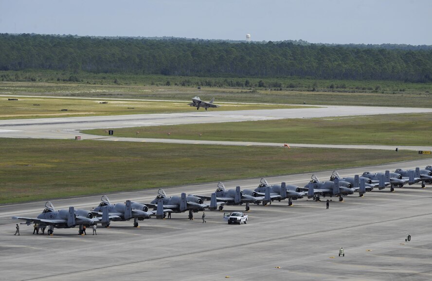 U.S. Air Force A-10C Thunderbolt IIs from Moody Air Force Base, Ga., sit on the flightline at Tyndall Air Force Base, Fla., Oct. 6, 2016. Thirty aircraft evacuated from Moody AFB in anticipation of Hurricane Matthew. (U.S Air Force photo by Senior Airman Solomon Cook/Released)