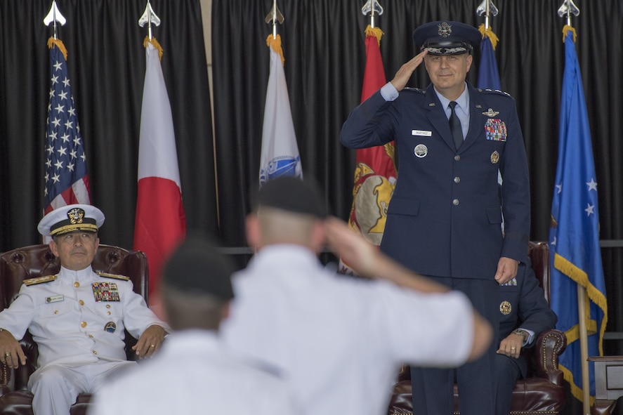 Lt. Gen. Jerry P. Martinez, United States Forces, Japan and 5th Air Force commander, returns his first salute from service members during the USFJ and 5th AF assumption of command ceremony at Yokota Air Base, Japan, Oct. 6, 2016. Martinez was the former director of operations, Headquarters Air Mobility Command, Scott Air Force Base, Ill. (U.S. Air Force photo by Yasuo Osakabe/Released)