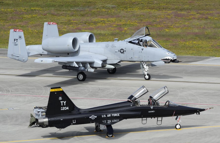 A U.S. Air Force A-10C Thunderbolt II from Moody Air Force Base, Ga., taxis down the flightline at Tyndall Air Force Base, Fla., Oct. 6, 2016. Approximately 30 aircraft were ordered to evacuate after officials at the 23rd Wing assessed the threat of Hurricane Matthew. (U.S. Air Force photo by Senior Airman Solomon Cook/Released)