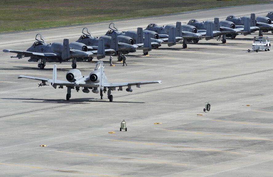 A U.S. Air Force A-10C Thunderbolt II from Moody Air Force Base, Ga., taxis down the flightline at Tyndall Air Force Base, Fla., Oct. 6, 2016. Approximately 30 aircraft were ordered to evacuate after officials at the 23rd Wing assessed the threat of Hurricane Matthew. (U.S. Air Force photo by Senior Airman Solomon Cook/Released)