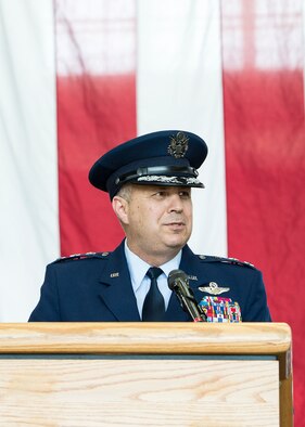 U.S. Air Force Lt. Gen. Jerry P. Martinez, incoming United States Forces, Japan and 5th Air Force commander, speaks during his Assumption of Command ceremony October 6, 2016, at Yokota Air Base, Japan. Martinez was the former Headquarters Air Mobility Command director of operations at Scott Air Force Base, Ill. (U.S. Air Force photo by Airman 1st Class Donald Hudson/Released)