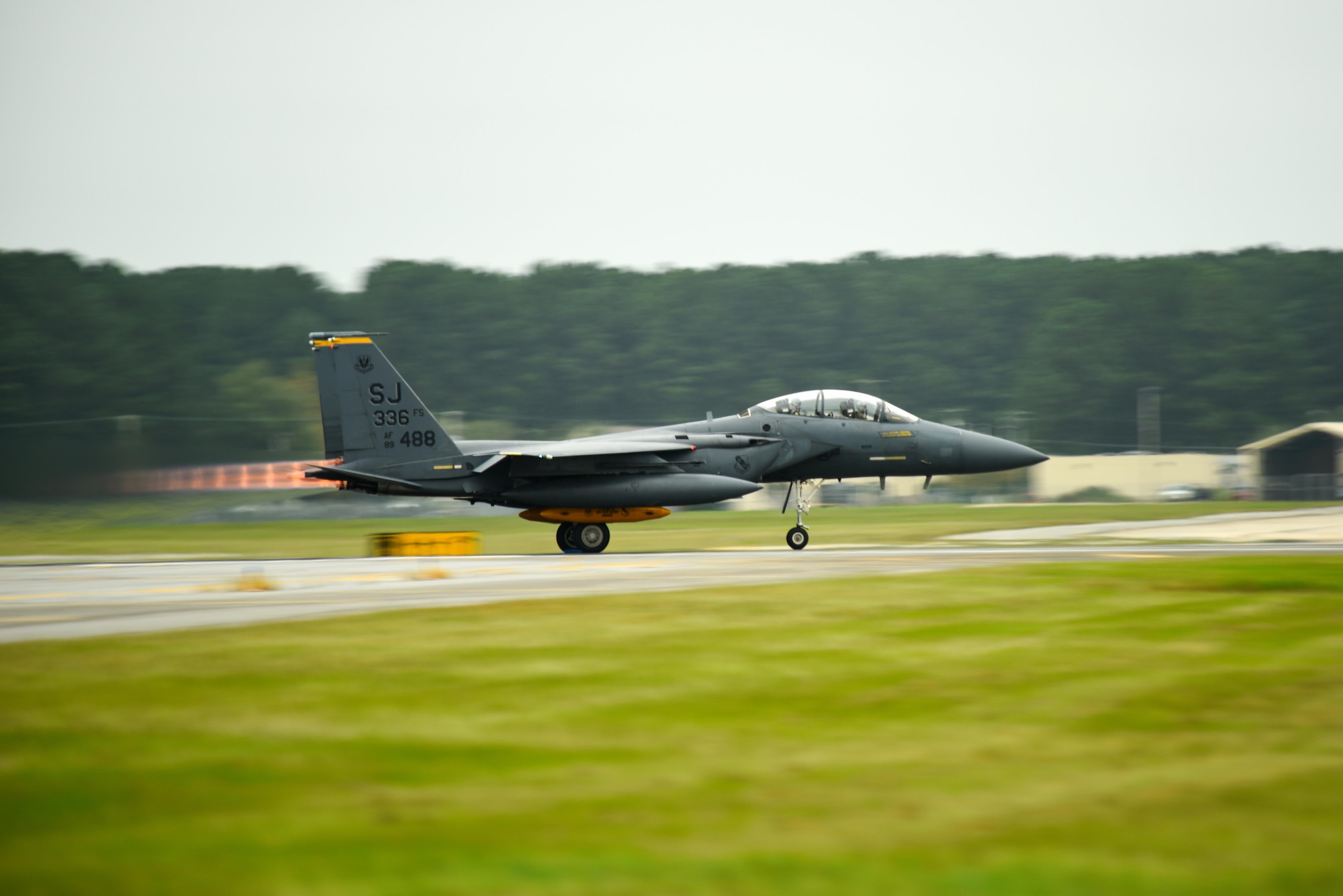 An F-15E Strike Eagle from the 336th Fighter Squadron takes off as a precautionary measure due to Hurricane Matthew, Oct. 6, 2016, at Seymour Johnson Air Force Base, North Carolina. More than 40 F-15E Strike Eagles and six KC-135R Stratotanker aircraft were repositioned to Barksdale Air Force Base, Louisiana. (U.S. Air Force photo by Airman Shawna L. Keyes)