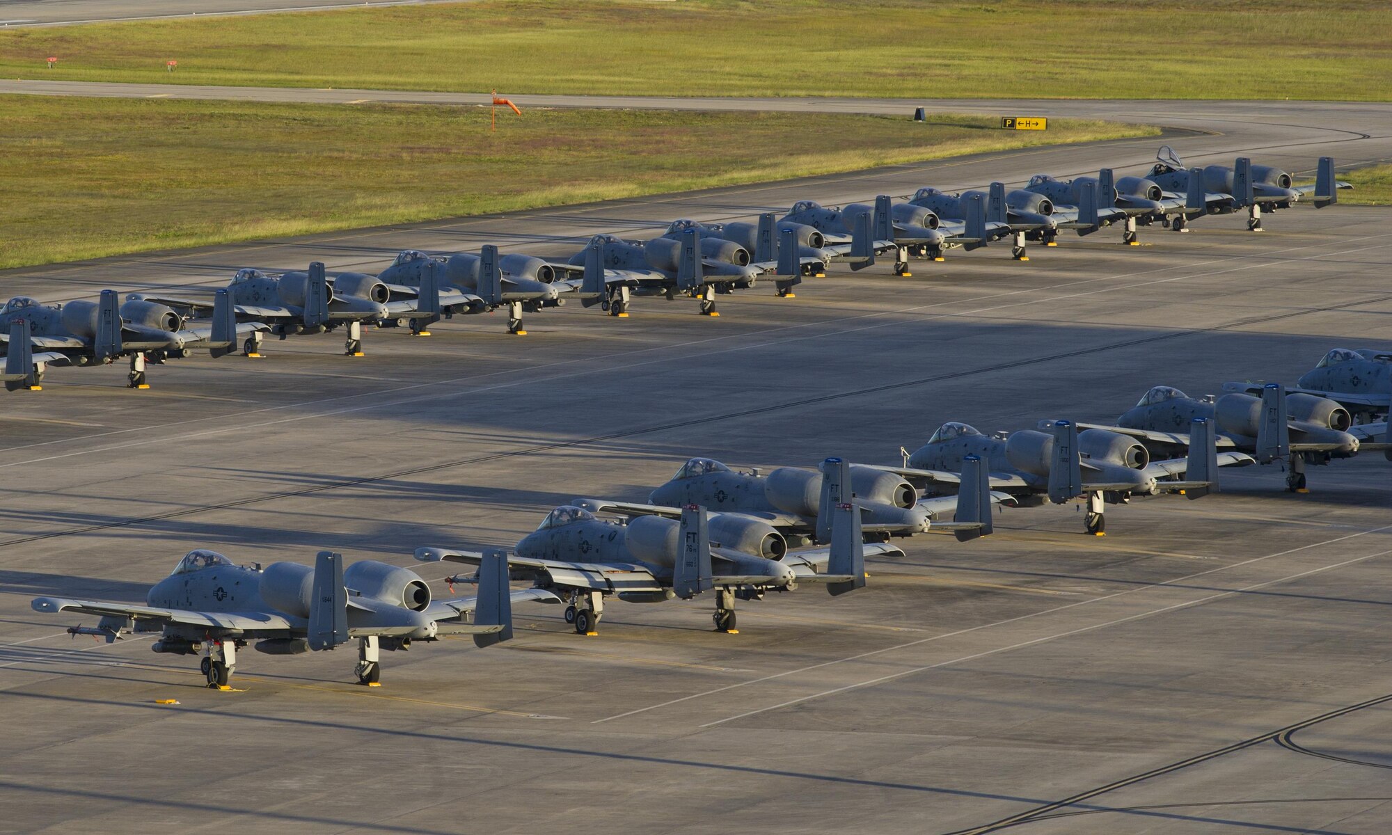 U.S. Air Force A-10C Thunderbolt IIs from Moody Air Force Base, Ga., sit on the flightline at Tyndall Air Force Base, Fla., Oct. 6, 2016. Thirty aircraft evacuated from Moody AFB in anticipation of Hurricane Matthew. (U.S. Air Force photo by Staff Sgt. Alex Fox Echols III /Released)