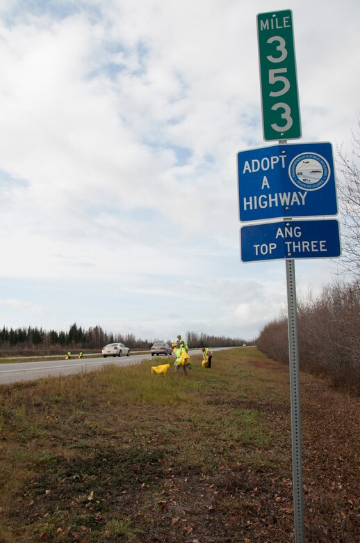 Senior non-commissioned officers, or the “Top III,” from the 168th Wing, Alaska Air National Guard, family members, and other Airmen assigned to the unit at Eielson AFB, Alaska volunteered to pick up trash along the Richardson Highway between Eielson and Fairbanks, Alaska on September 29, 2016. The 168th’s Top III, and at least 12 other organizations that work on Eielson, are active in the Alaska Department of Transportation and Public Facilities Adopt-A-Highway program and are helping keep approximately 26 miles of the highway clean. 