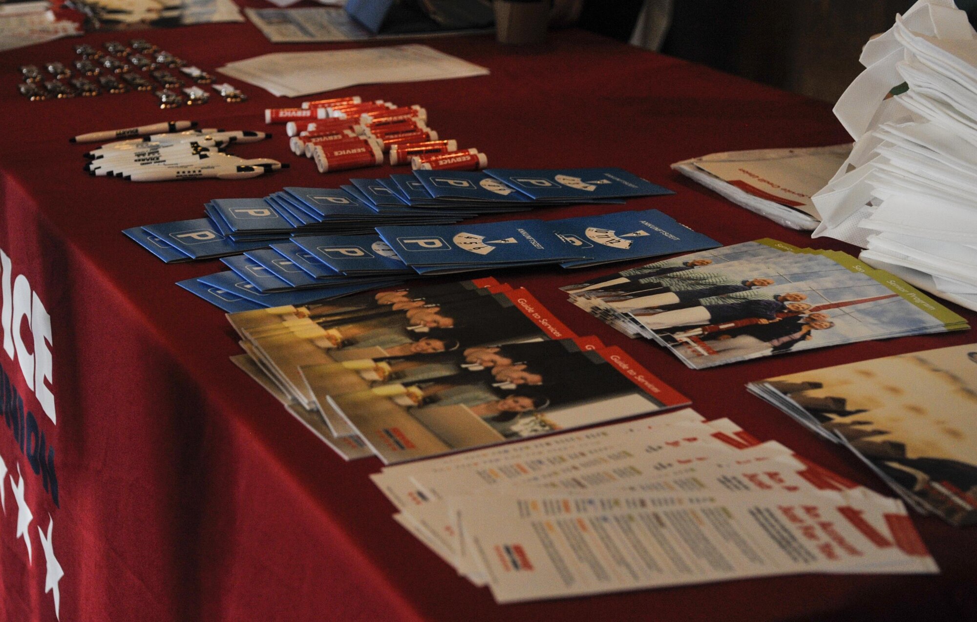 Brochures are displayed on a table during a Retiree Appreciation Week event at Ramstein Air Base, Germany, Oct. 4, 2016. Organizations throughout the Kaiserslautern Military Community provided informational and supportive services to retirees. (U.S. Air Force photo by Senior Airman Larissa Greatwood)