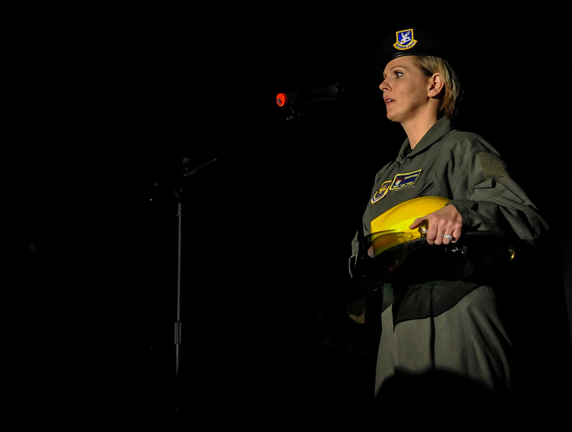 Tech. Sgt. Desirae Russ, Kisling NCO Academy instructor, performs “Spirits of the Past” during a Retiree Appreciation Week event at Ramstein Air Base, Germany, Oct. 4, 2016. The Kisling NCOA instructors put on the production for the retirees to show respect to military members of the past and present. (U.S. Air Force photo by Senior Airman Larissa Greatwood)
