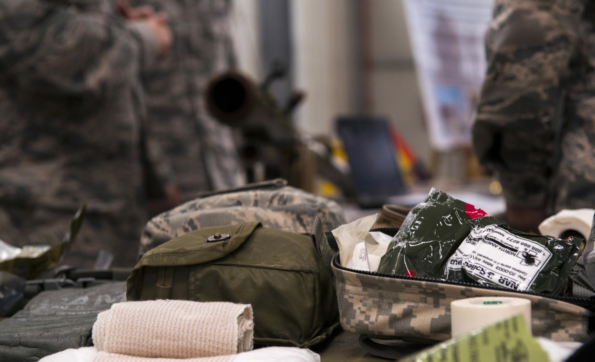 Medical supplies are displayed on a table during the 435th Air Ground Operations Wing’s open house at Ramstein Air Base, Germany, Oct. 6, 2016. The 435th AGOW hosted the open house for Ramstein leaders and U.S. Air Force in Europe functional area managers so they could have a better understanding of the wing’s equipment and capabilities. (U.S. Air Force photo by Senior Airman Tryphena Mayhugh)