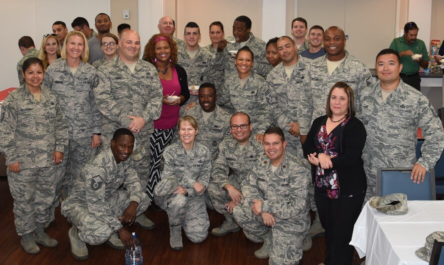Team BLAZE members are treated to an ice cream with Chief Master Sgt. Rita Felton, 14th Flying Training Wing Command Chief, before her retirement Oct. 3 at Columbus Air Force Base, Mississippi. Felton served for 30 years before retiring from the military. (U.S. Air Force photo by Elizabeth Owens)