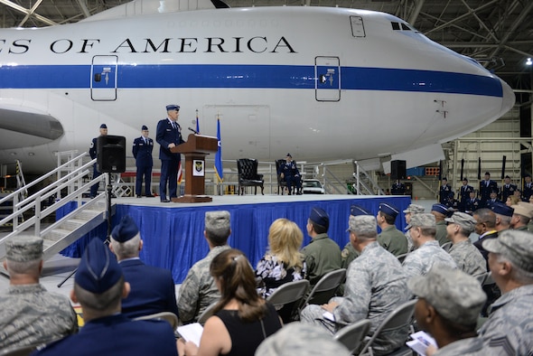 U.S. Maj. Gen. Thomas Bussiere, Eighth Air Force commander, addresses an audience of Airmen during the E-4B realignment and 595th Command and Control Group activation ceremony at Offutt Air Force Base, Neb., Oct. 7, 2016. The E-4B, which serves as the National Airborne Operations Center for the President, Secretary of Defense and Joint Chiefs of Staff, was transferred to Air Force Global Strike Command's Eighth Air Force in an effort to centrally manage all nuclear-related assets. (U.S. Air Force photo by )