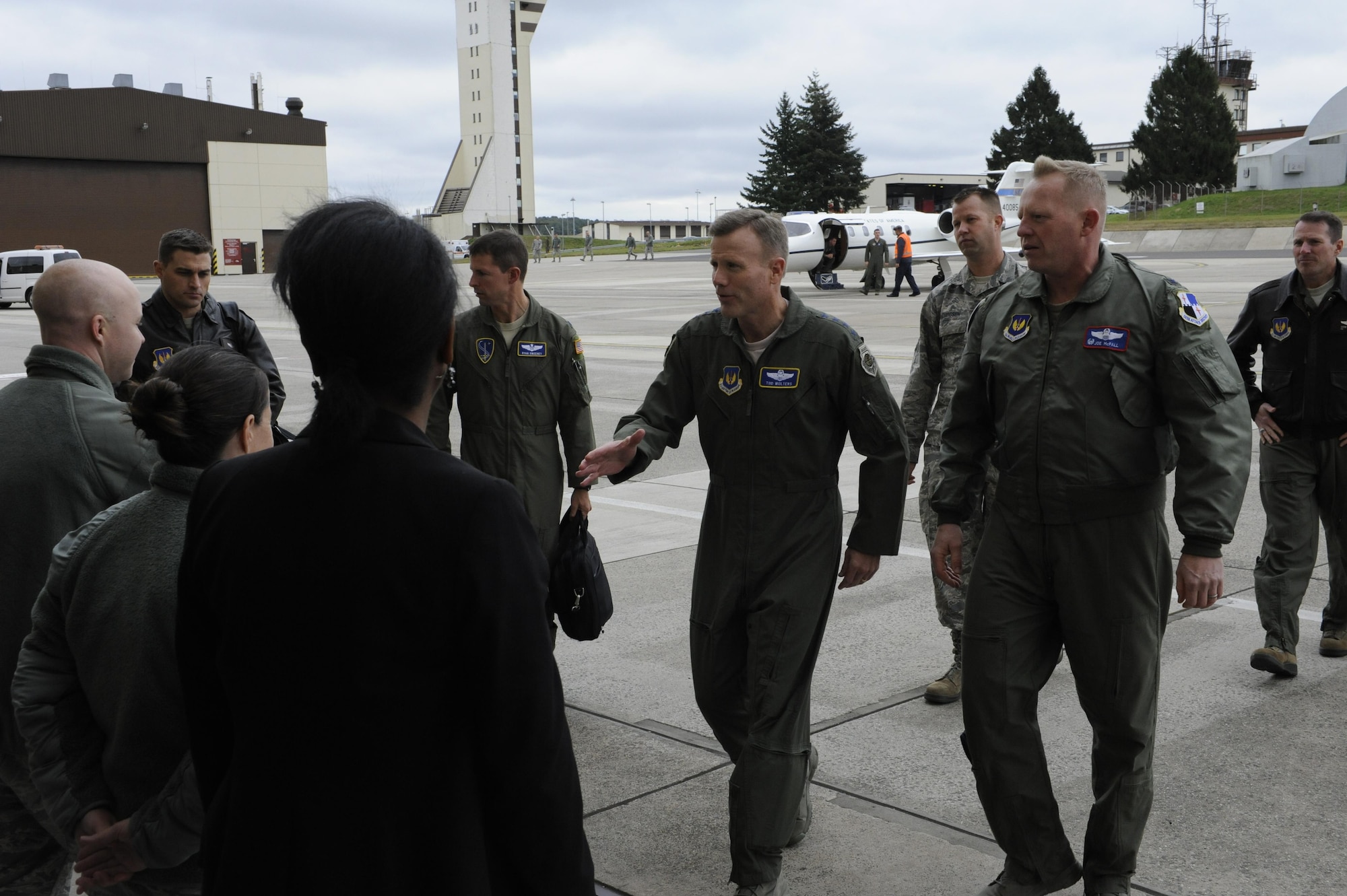 Gen. Tod D. Wolters, U.S. Air Forces in Europe and Air Forces Africa commander, center, greets a welcoming party while visiting Spangdahlem Air Base, Germany, Oct. 6, 2016. Wolters made his first visit to Spangdahlem since assuming command in August 2016. He spoke to Airmen on the importance their missions and highlighted his command priorities. (U.S. Air Force photo by Senior Airman Joshua R. M. Dewberry)