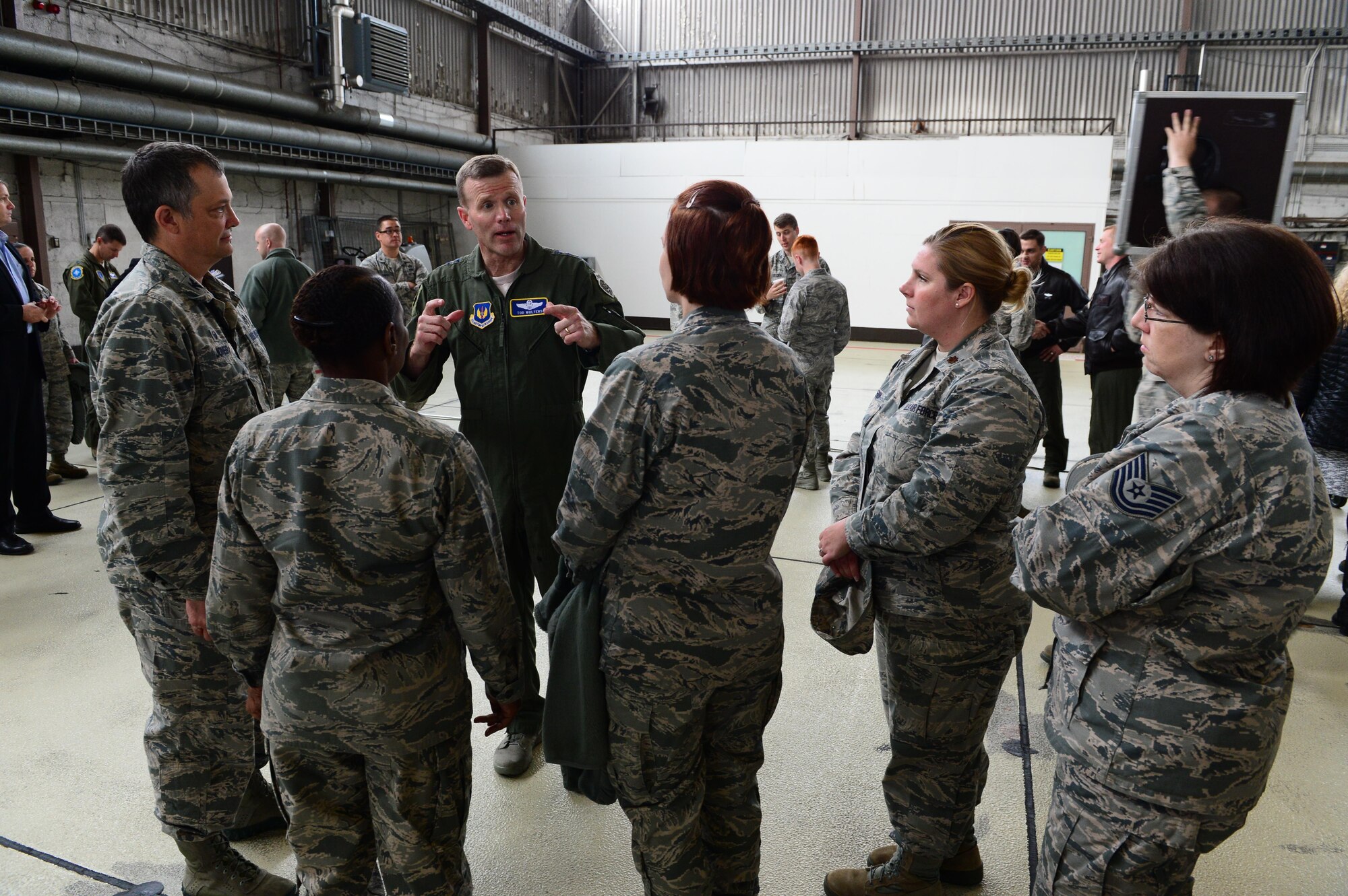 Gen. Tod D. Wolters, U.S. Air Forces in Europe and Air Forces Africa commander, center left, interacts with Airmen after an allcall at Spangdahlem Air Base, Germany, Oct. 6, 2016. Wolters made his first visit to Spangdahlem since assuming command in August 2016, speaking to Airmen on the importance and uniqueness of their mission priorities. (U.S. Air Force photo by Senior Airman Joshua R. M. Dewberry)
